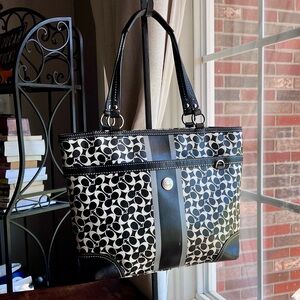 Coach Chelsea Heritage Stripe Leather Tote Black and white
